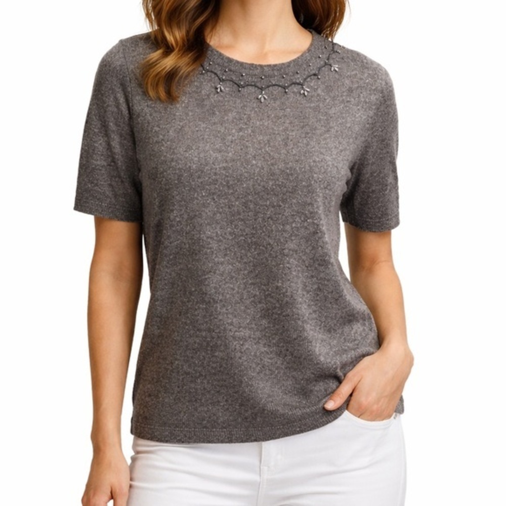 Segue Gray Beaded Silk & Angora Womens Knit Top M Short Sleeve VTG
